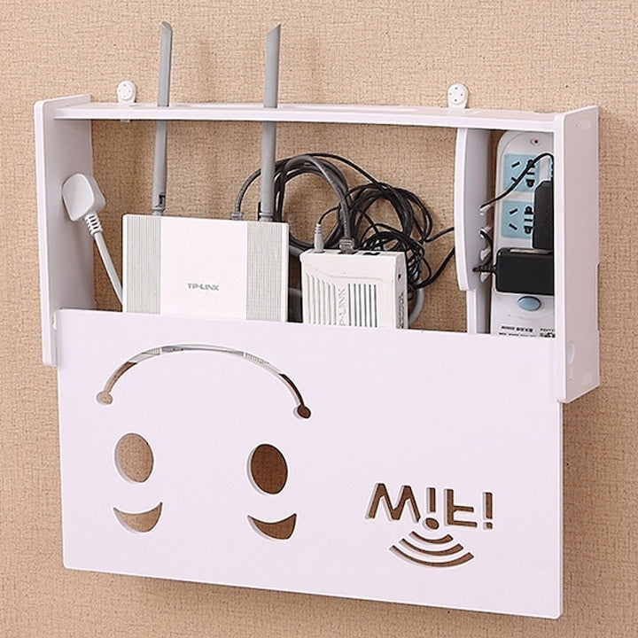 Raft pentru router wi-fi, cu prindere pe perete, din lemn, pentru mascare echipamente si fire, lungime 25 cm, alb