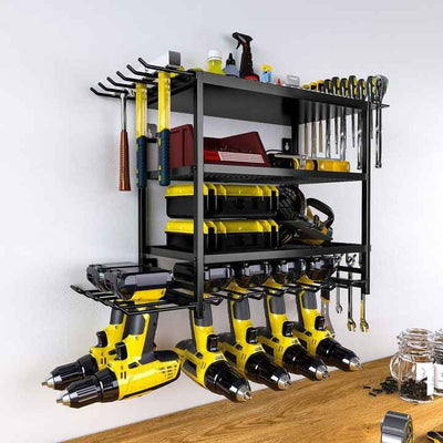 Raft pentru scule si unelte, din metal, cu montare pe perete, dimensiuni 60x41.5x24.5 cm, cu 4 compartimente de depozitare, carlige pentru agatare, negru