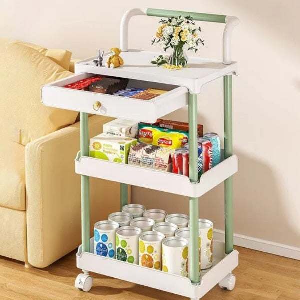 Raft portabil, cu 3 nivele si 1 sertar, maner de transport, dimensiuni 36.5 (L) x 28 (l) x 74.5 (H) cm, din plastic, cu 4 roti, alb/verde