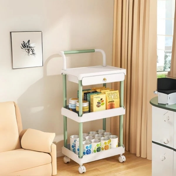 Raft portabil, cu 3 nivele si 1 sertar, maner de transport, dimensiuni 36.5 (L) x 28 (l) x 74.5 (H) cm, din plastic, cu 4 roti, alb/verde