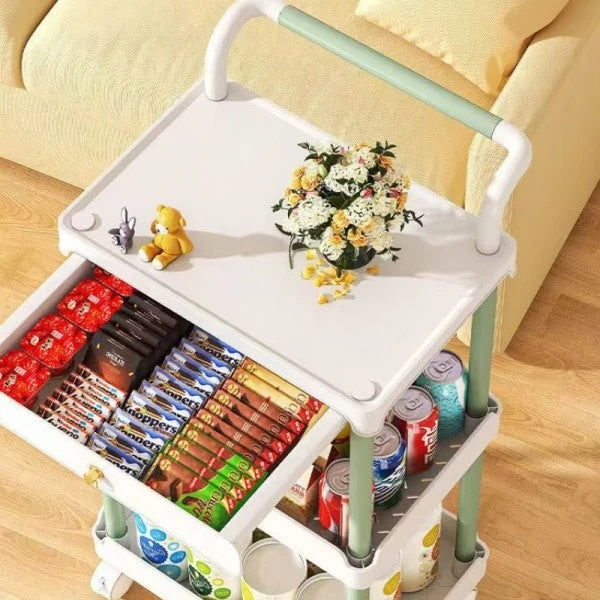 Raft portabil, cu 3 nivele si 1 sertar, maner de transport, dimensiuni 36.5 (L) x 28 (l) x 74.5 (H) cm, din plastic, cu 4 roti, alb/verde