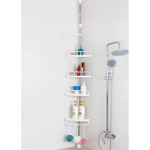 Raft reglabil pentru baie, din metal, cu 4 rafturi din plastic, montare telescopica, cu finisaj lucios, alb
