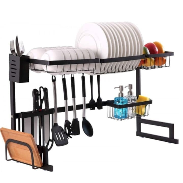 Raft scurgator de vase, tacamuri si pahare, din metal, cu margini inalte, antialunecare, dimensiuni 85 x 32 x 52 cm, baza solida, negru
