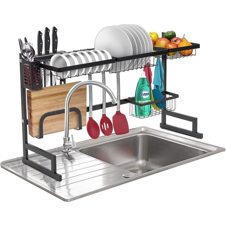 Raft scurgator de vase, tacamuri si pahare, din metal, cu margini inalte, antialunecare, dimensiuni 85 x 32 x 52 cm, baza solida, negru
