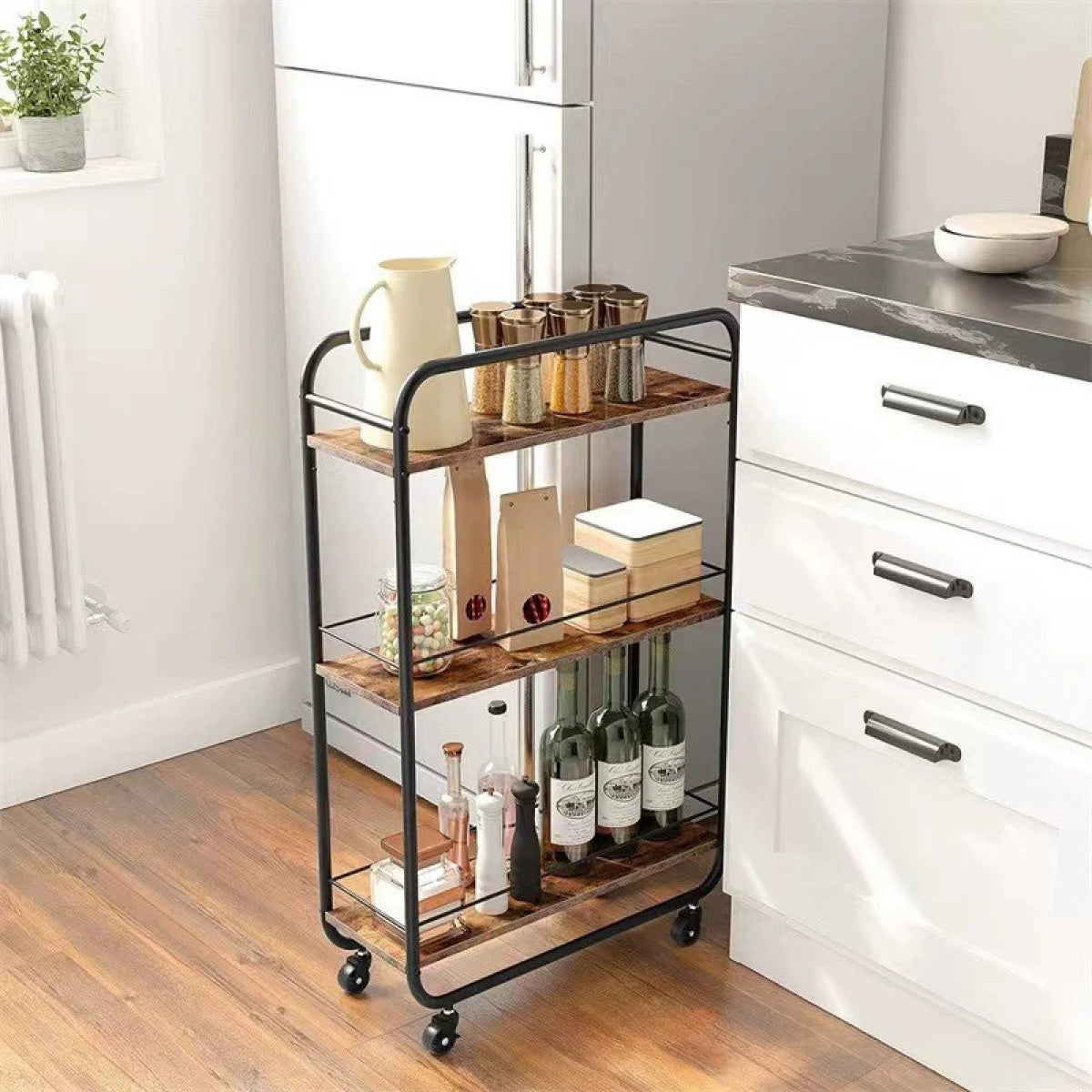 Raft slim cu 3 polite MDF si structura metalica, rotativ la 360°, dimensiuni 50 x 20 x 81 cm, negru/ maro