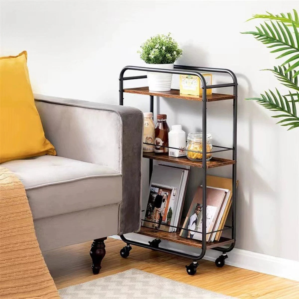 Raft slim cu 3 polite MDF si structura metalica, rotativ la 360°, dimensiuni 50 x 20 x 81 cm, negru/ maro