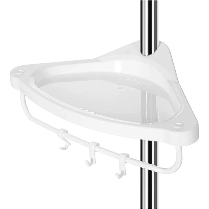 Raft telescopic de dus, polita de colt pentru baie, inaltime 95-300 cm, podea pana in tavan, stalp din otel inoxidabil, 4 tavi, 3 carlige, 1 suport pentru prosoape, alb/argintiu