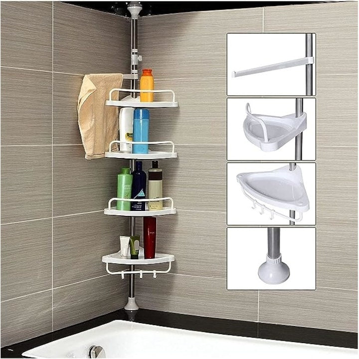 Raft telescopic de dus, polita de colt pentru baie, inaltime 95-300 cm, podea pana in tavan, stalp din otel inoxidabil, 4 tavi, 3 carlige, 1 suport pentru prosoape, alb/argintiu