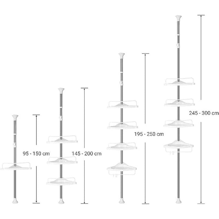 Raft telescopic de dus, polita de colt pentru baie, inaltime 95-300 cm, podea pana in tavan, stalp din otel inoxidabil, 4 tavi, 3 carlige, 1 suport pentru prosoape, alb/argintiu
