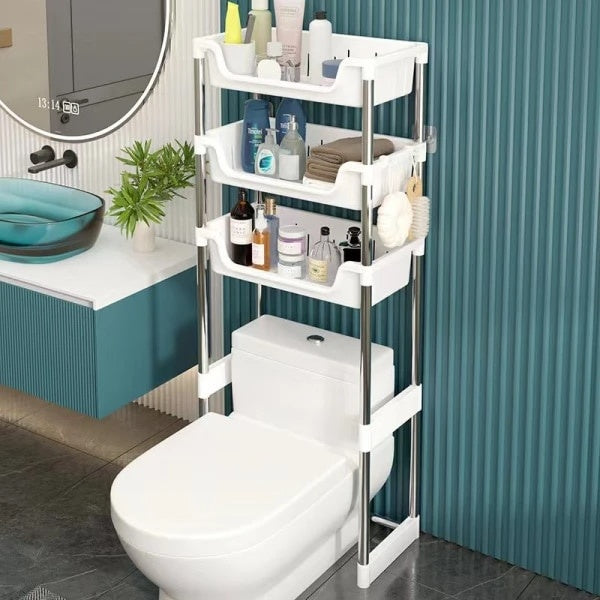 Raft tip organizator pentru baie, deasupra vasului de toaleta, cu 3 polite, dimensiuni 173 x 48.5 x 26 cm, din metal si plastic, extensibil, alb