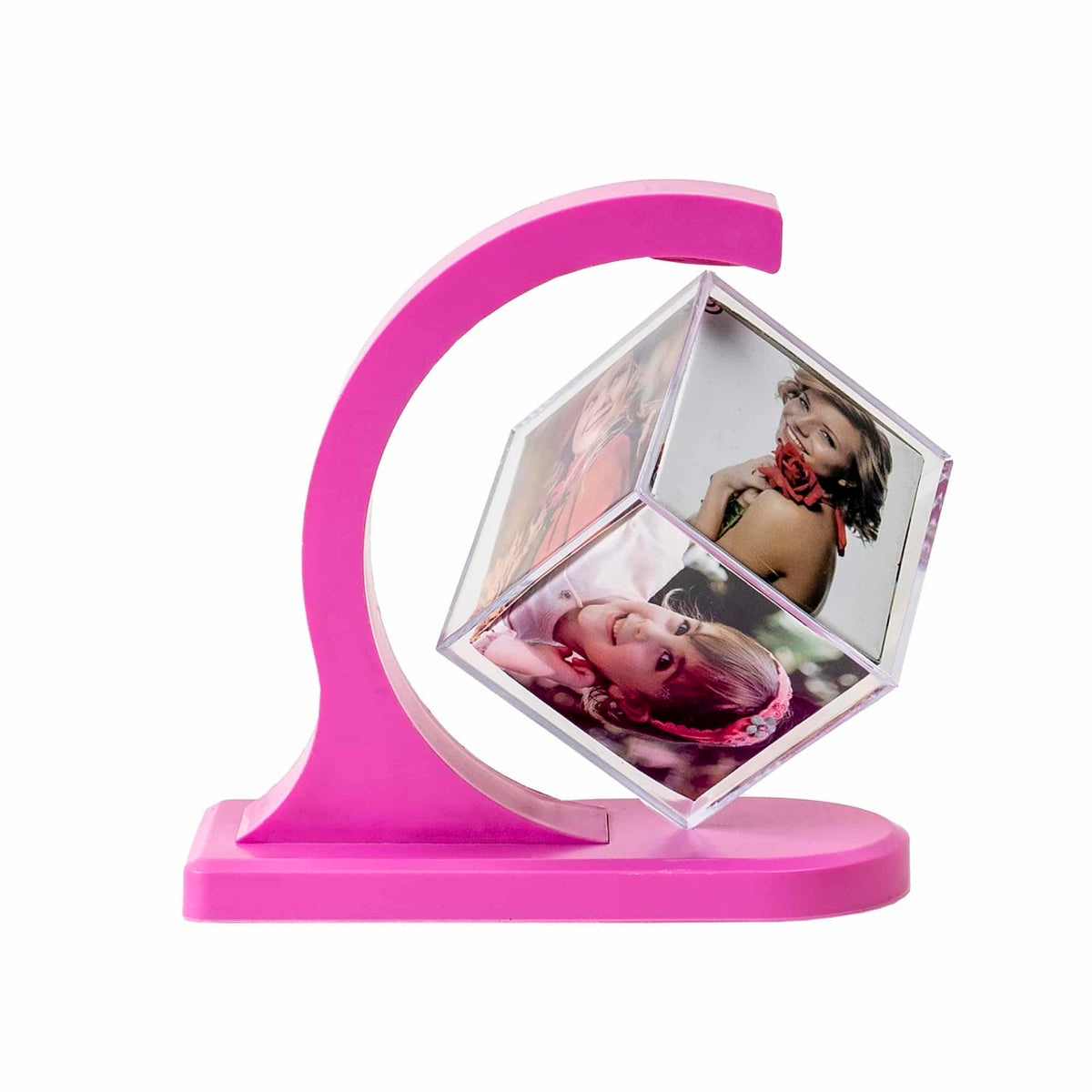 Rama foto cub magnetic rotativ cu 6 poze 6x6 cm, roz, 15x7x15 cm