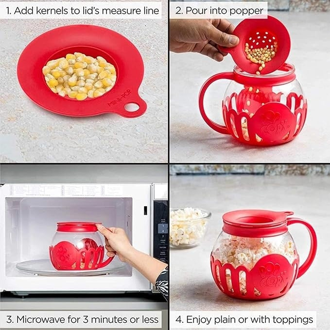 Recipient pentru prepararea popcorn-ului, din sticla borosilicata, capacitate 2L, pentru cuptorul cu microunde, alb/rosu