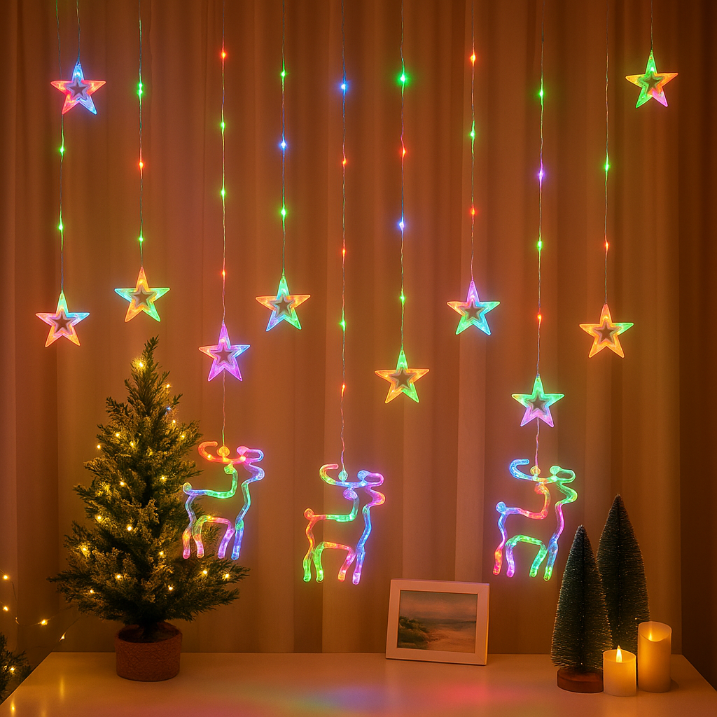 Instalație luminoasă LED cu reni și steluțe, 4 m – imagine 1