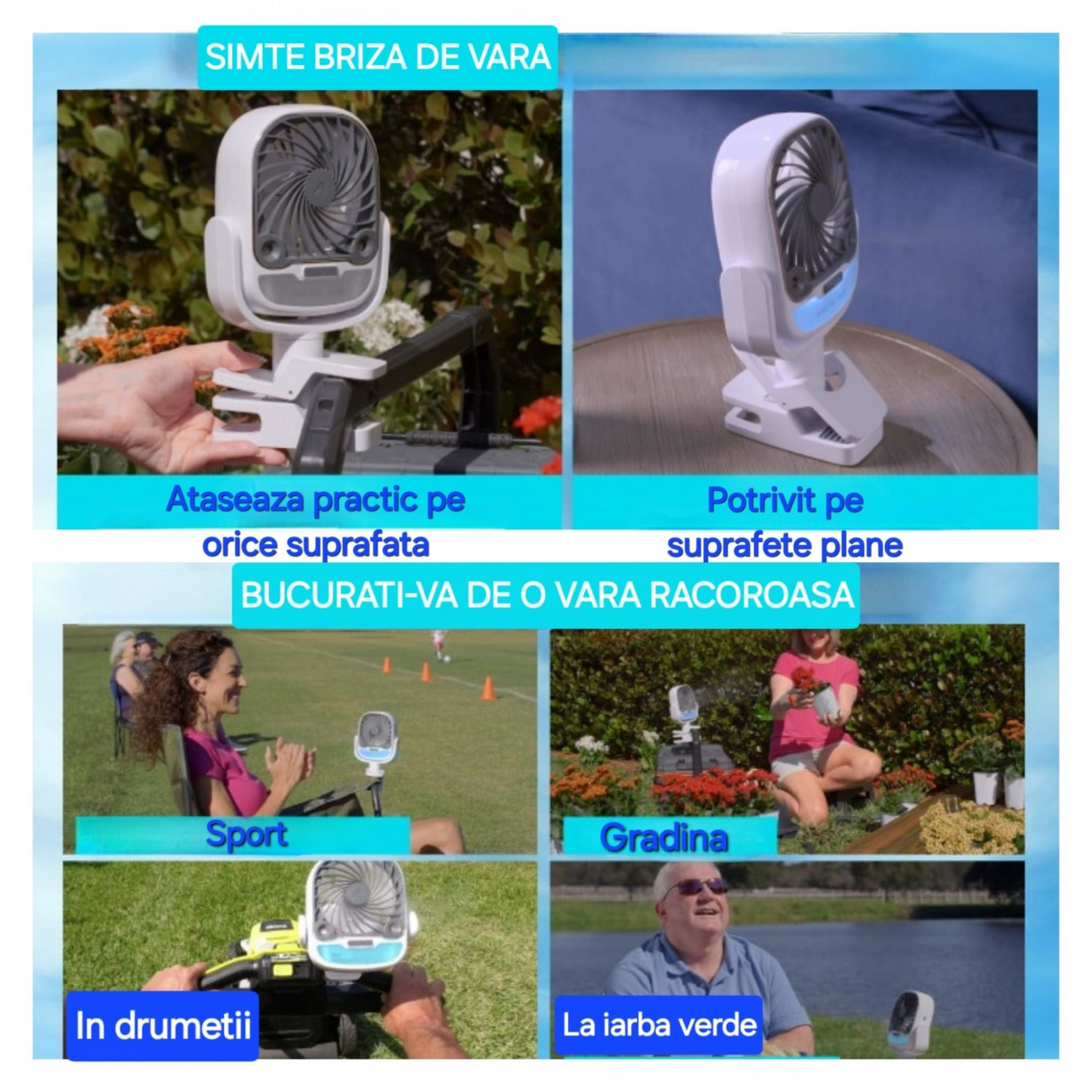 Ventilator portabil cu apă, USB, rezervor 200ml, 3 viteze, LED multicolor și rotire 360°, cu clemă de prindere pentru camping, birou și drumeții, alb