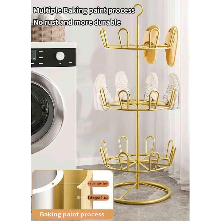 Suport pentru incaltaminte rotativ 360°, organizator din metal, 3 niveluri, robust, auriu