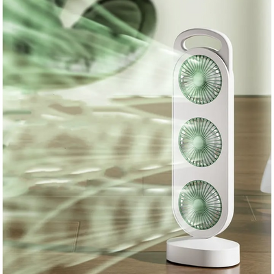 Ventilator de birou portabil cu 3 capete, reincarcabil prin USB, incarcare rapida Type-C, culoare alb/negru