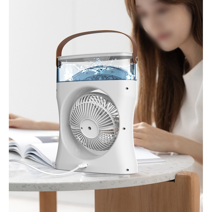 Ventilator de racire, portabil, 3 viteze, umidificare prin ceata, unghi reglabil, lumina de noapte, USB, 550mL, alb