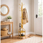 Cuier de podea, agatatori multiple, cu 2 rafturi de depozitare, design vertical compact, stabil si rezistent, auriu