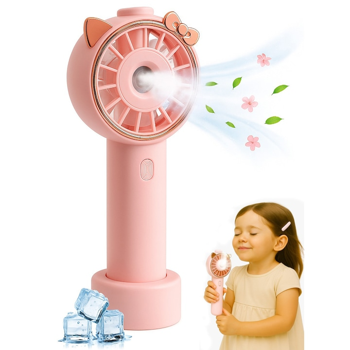 Mini Ventilator Portabil cu Pulverizare, 2in1, Pliabil, 3 Trepte de Viteza, Reincarcare USB, din ABS, Roz