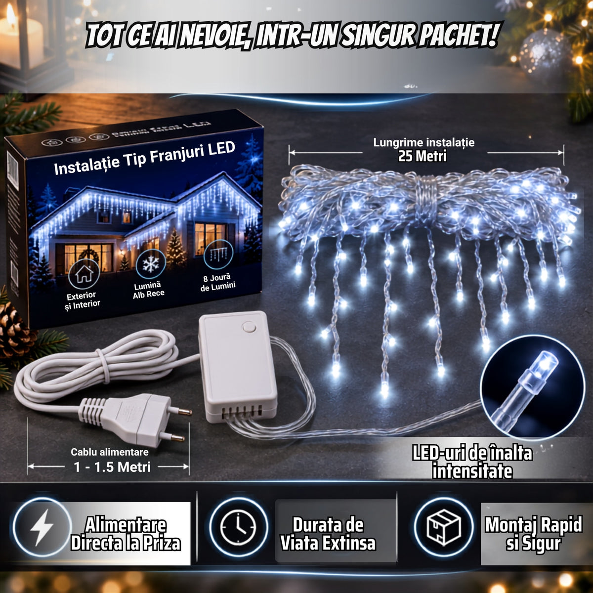 Instalație LED tip țurțuri, 500 LED-uri, 25 m, alb rece – imagine 3
