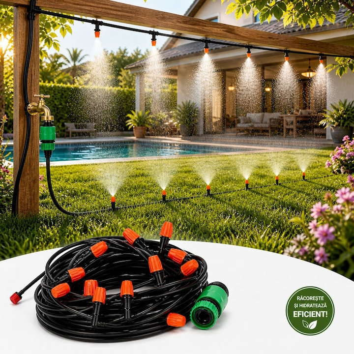 Sistem racire, pulverizator apa, racire instantanee, abur fin, ideal pentru terase, gradini, zone de relaxare in aer liber si activitati sportive, 20M, instalare usoara