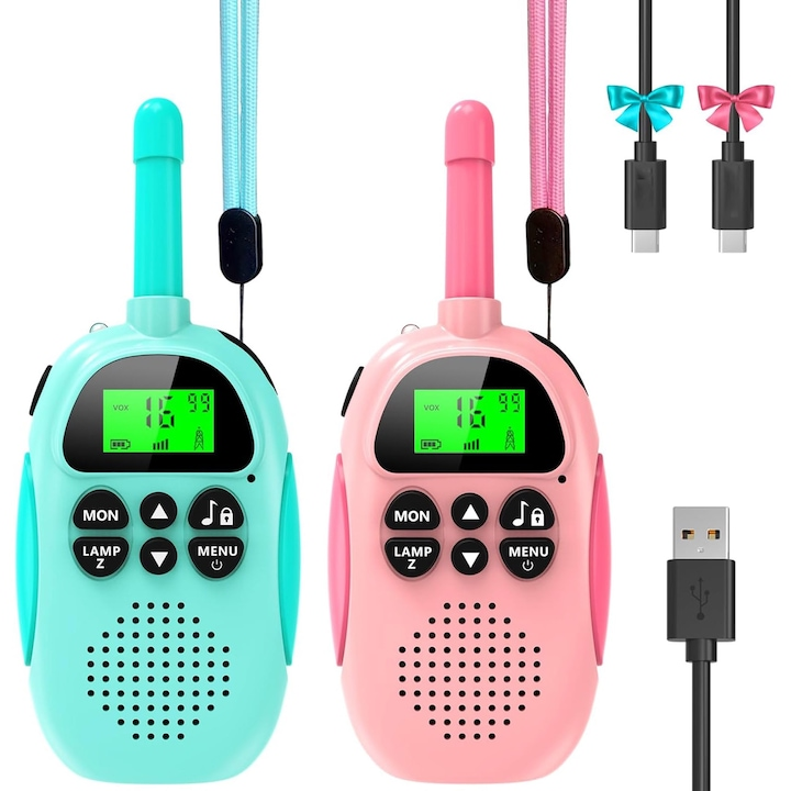 Set 2 stații Walkie Talkie pentru Copii – Set 2 Interfoane Portabile Colorate, Rază Lungă