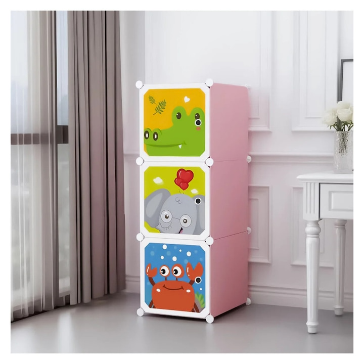 Dulap modular, pentru camera copiilor, din polipropilena, cu 3 compartimente, schelet metalic, multicolor