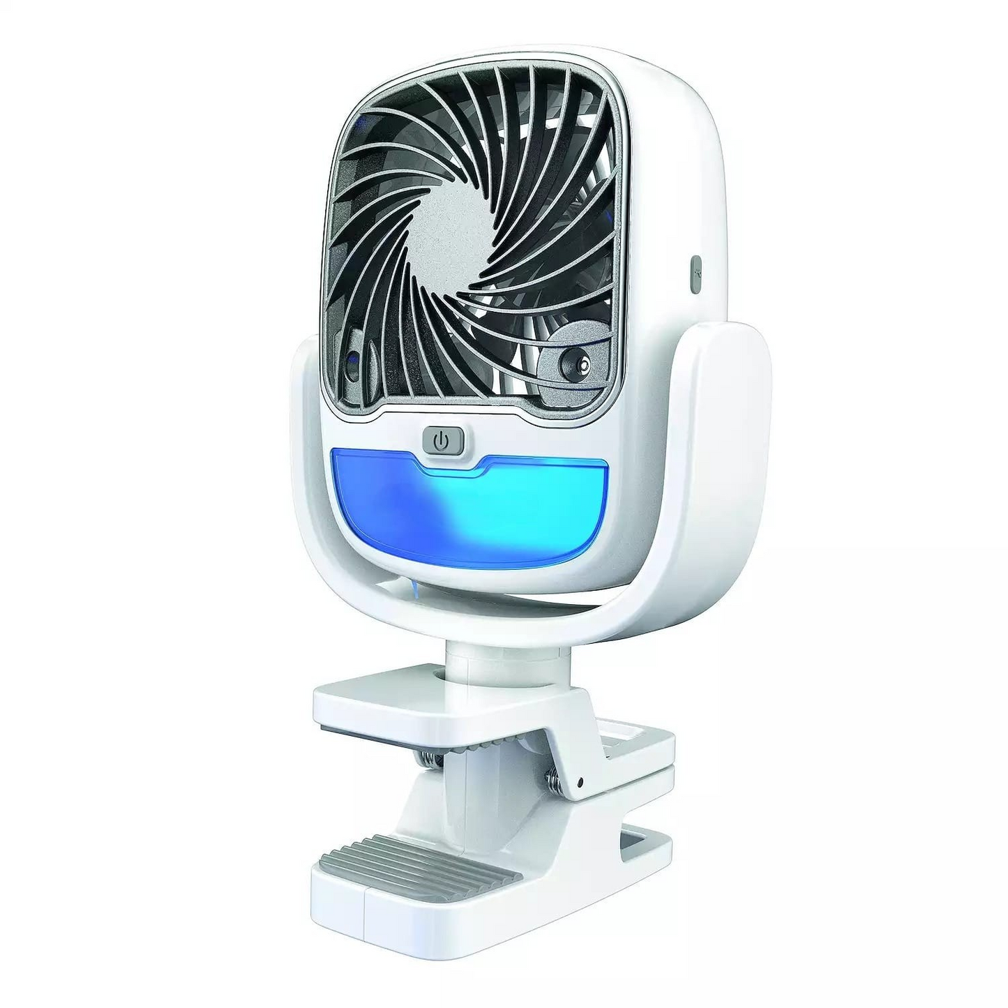 Ventilator portabil cu apă, USB, rezervor 200ml, 3 viteze, LED multicolor și rotire 360°, cu clemă de prindere pentru camping, birou și drumeții, alb