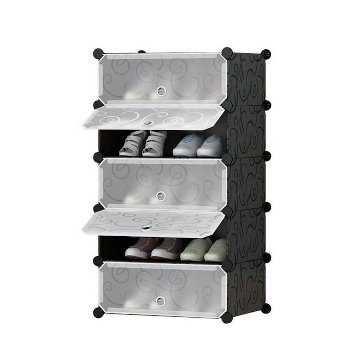 Pantofar modular, cu 5 usi, din plastic, dimensiuni 37x47x90cm, din plastic dur, negru