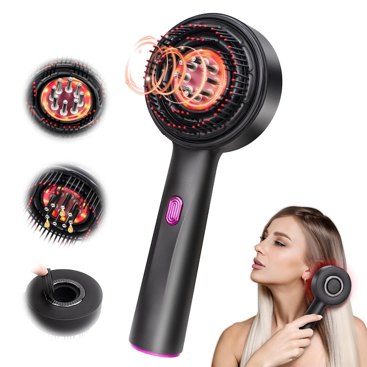 Perie de par multifunctionala, aplicator de ulei pentru par, masaj scalp, waterproof, incarcare rapida Type-C, negru