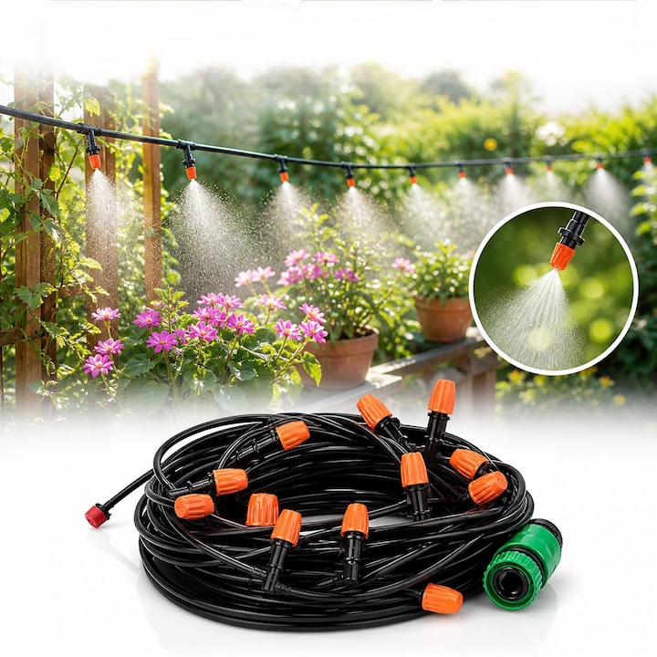 Sistem racire, pulverizator apa, racire instantanee, abur fin, ideal pentru terase, gradini, zone de relaxare in aer liber si activitati sportive, 20M, instalare usoara