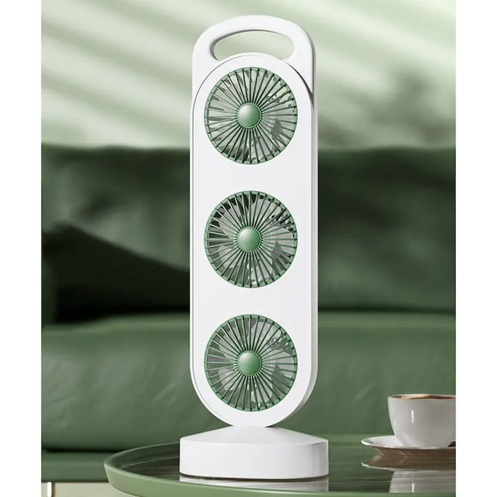 Ventilator de birou portabil cu 3 capete, reincarcabil prin USB, incarcare rapida Type-C, culoare alb/negru