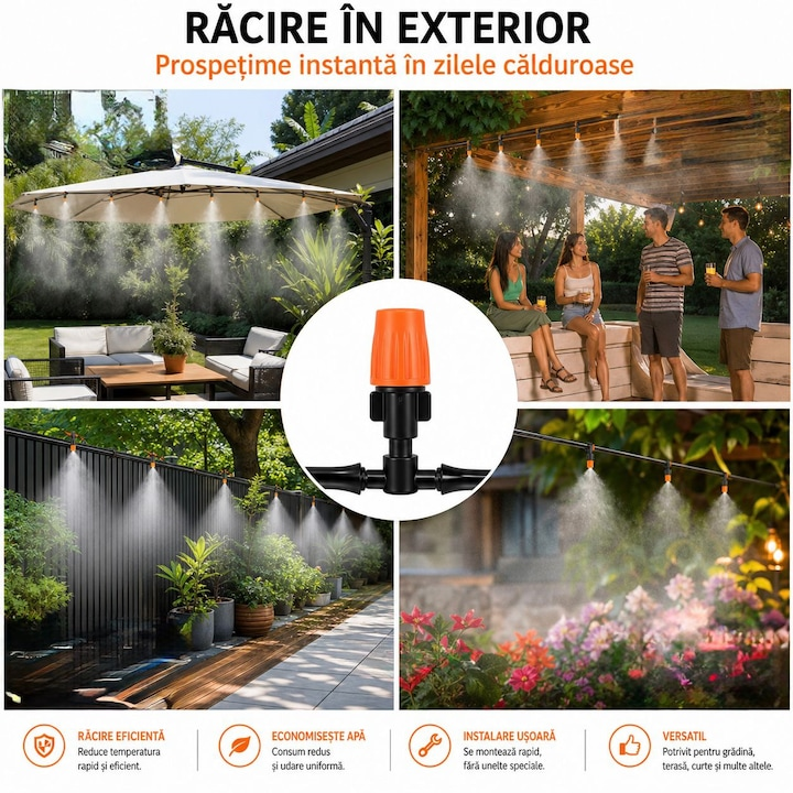 Sistem racire, pulverizator apa, racire instantanee, abur fin, ideal pentru terase, gradini, zone de relaxare in aer liber si activitati sportive, 20M, instalare usoara