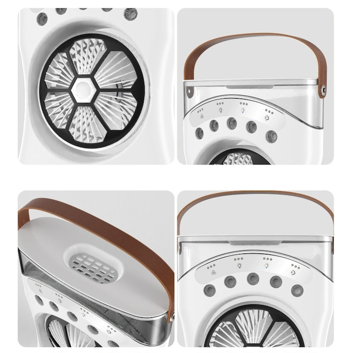 Ventilator de racire, portabil, 3 viteze, umidificare prin ceata, unghi reglabil, lumina de noapte, USB, 550mL, alb