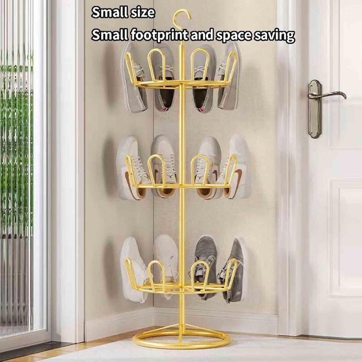Suport pentru incaltaminte rotativ 360°, organizator din metal, 3 niveluri, robust, auriu