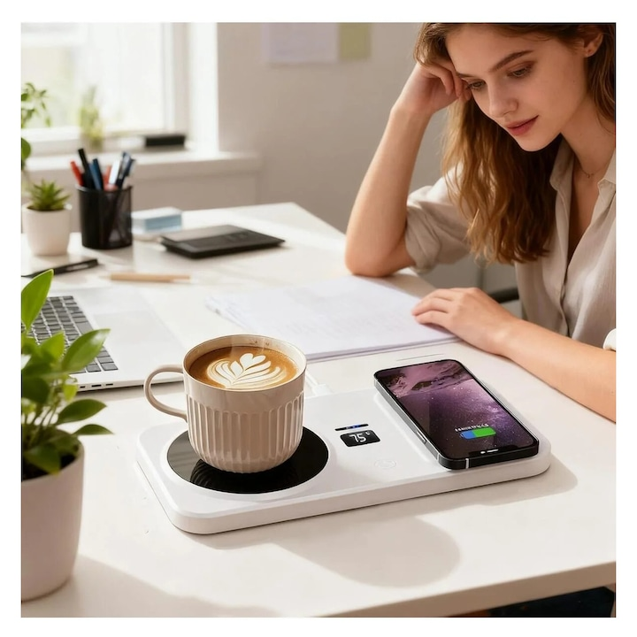 Suport de cana cu incalzire electrica si incarcare Wireless, control de temperatura, Smart, gestionare optimizata a energiei, alb