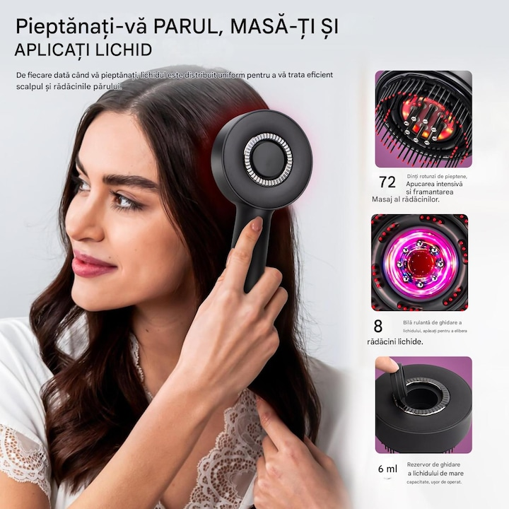 Perie de par multifunctionala, aplicator de ulei pentru par, masaj scalp, waterproof, incarcare rapida Type-C, negru