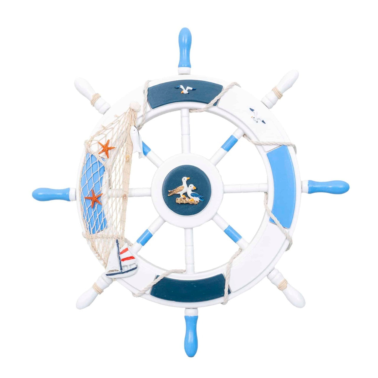 Roata decorativa din MDF, diametru 44.5 cm, model carma marina alb-bleu