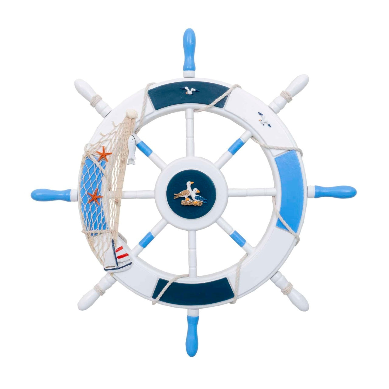 Roata decorativa din MDF, diametru 50cm, model carma marina alb/bleu