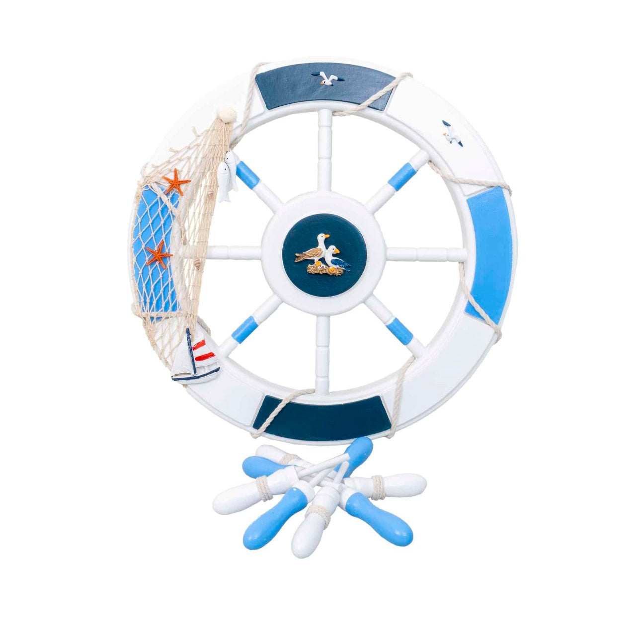 Roata decorativa din MDF, diametru 50cm, model carma marina alb/bleu