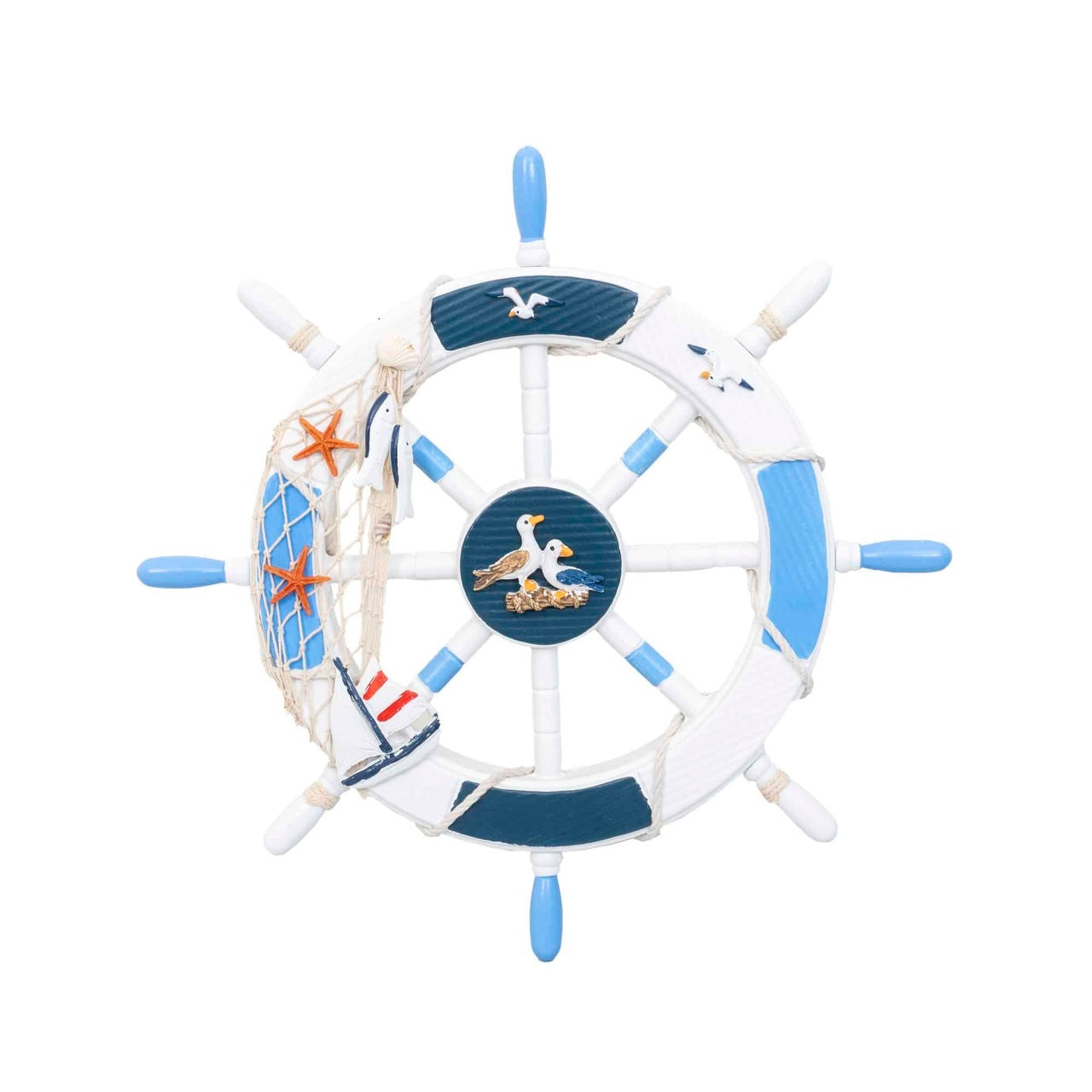 Roata decorativa MDF, diametru 32cm, model carma marina cu plasa alb-bleu