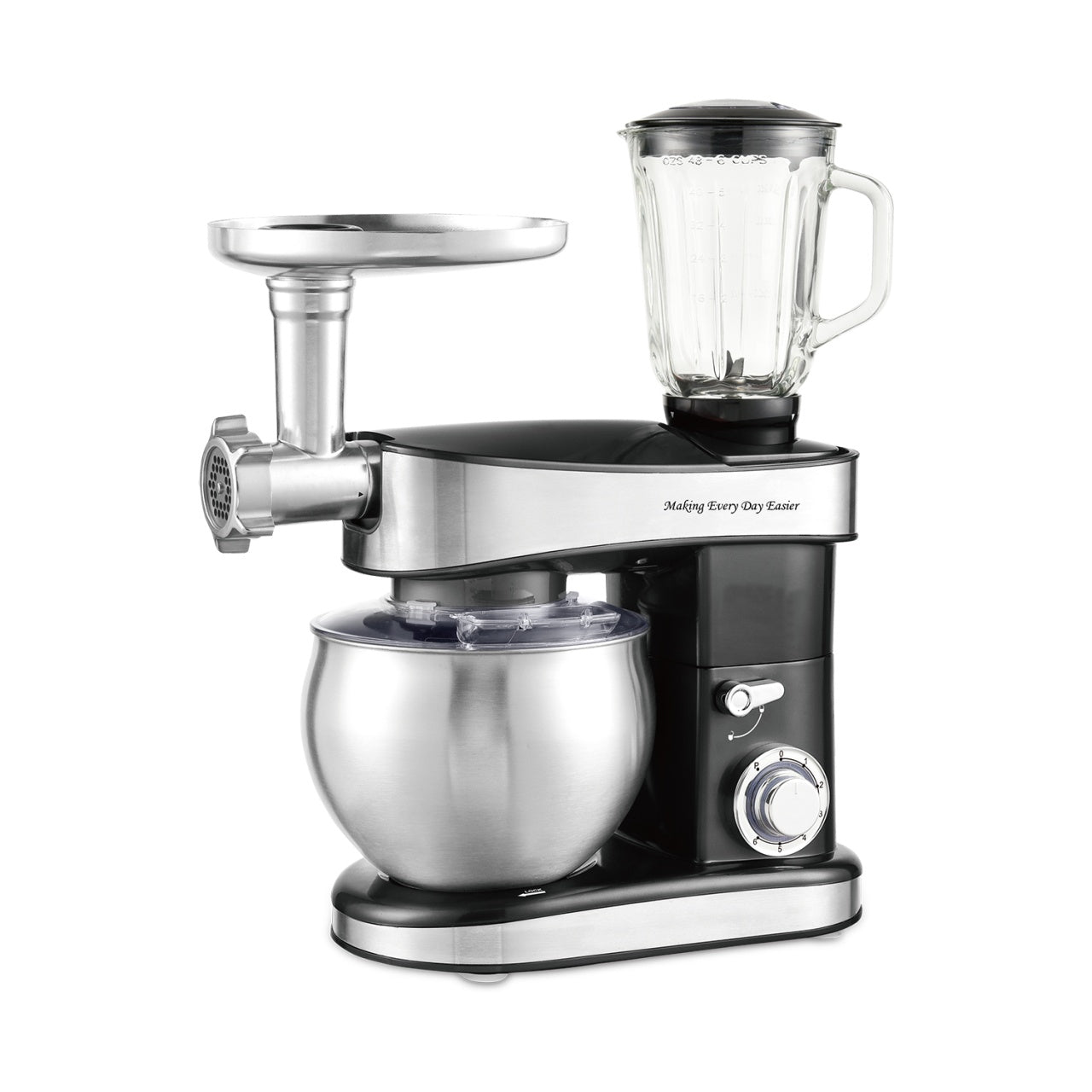 Robot de bucatarie 3-în-1(mixer, blender, mașina de tocat), capacitate 6L, putere 1500W, 12 trepte de viteza, din otel inoxidabil, negru