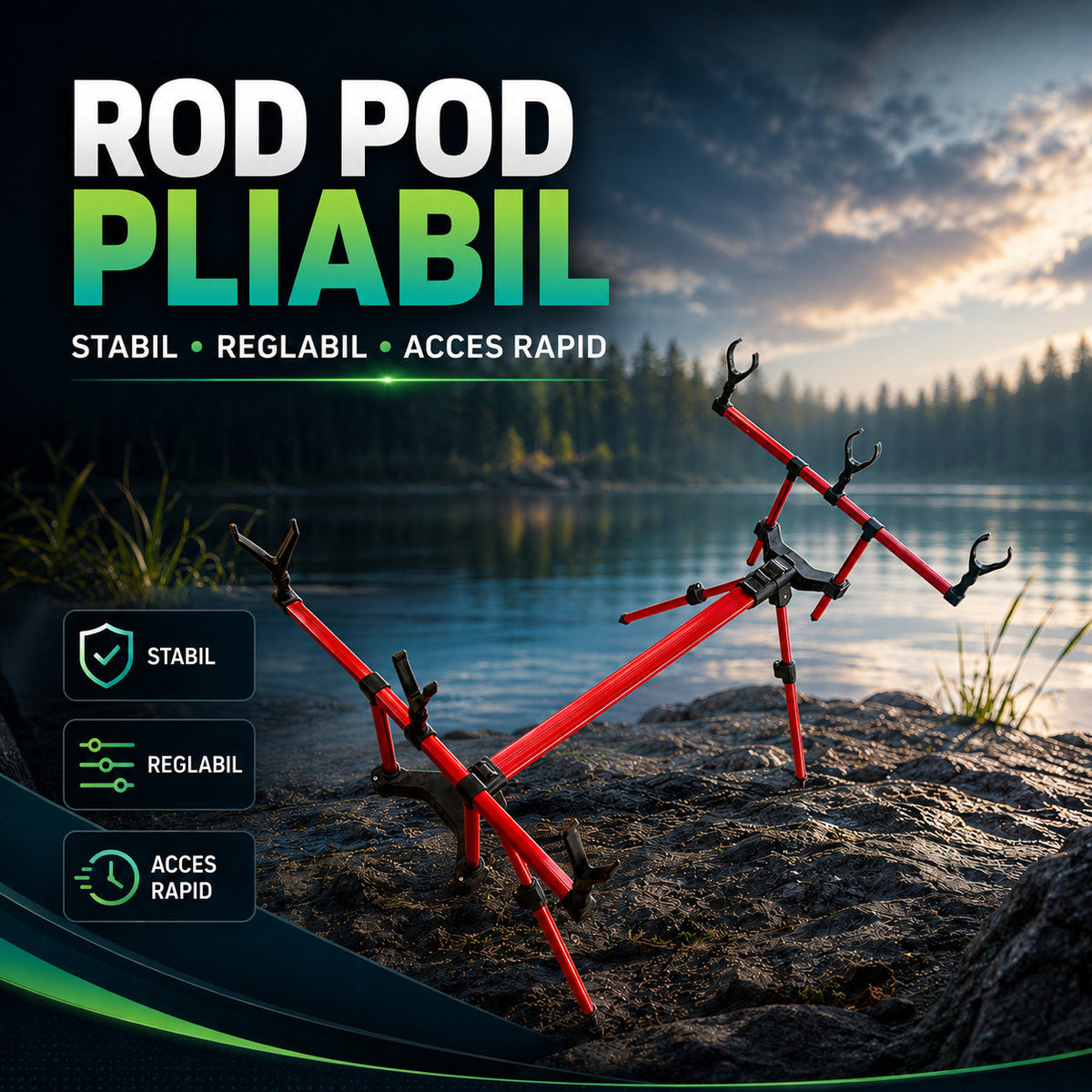Rod Pod Pliabil pentru Lansete de Pescuit, Verde/Negru – imagine principală promoțională