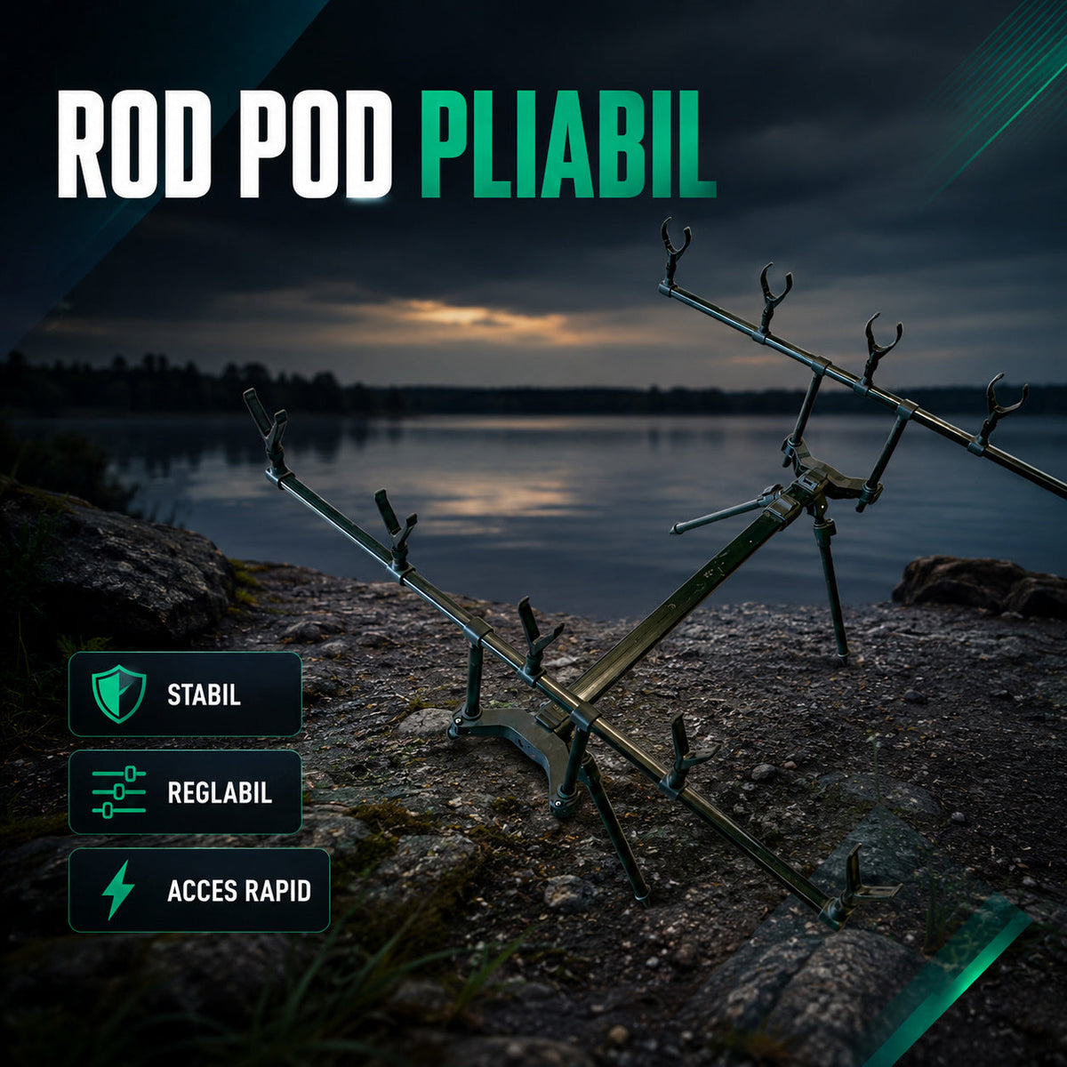 Rod Pod Pliabil pentru Lansete de Pescuit, Verde/Negru – imagine comercială în ambient