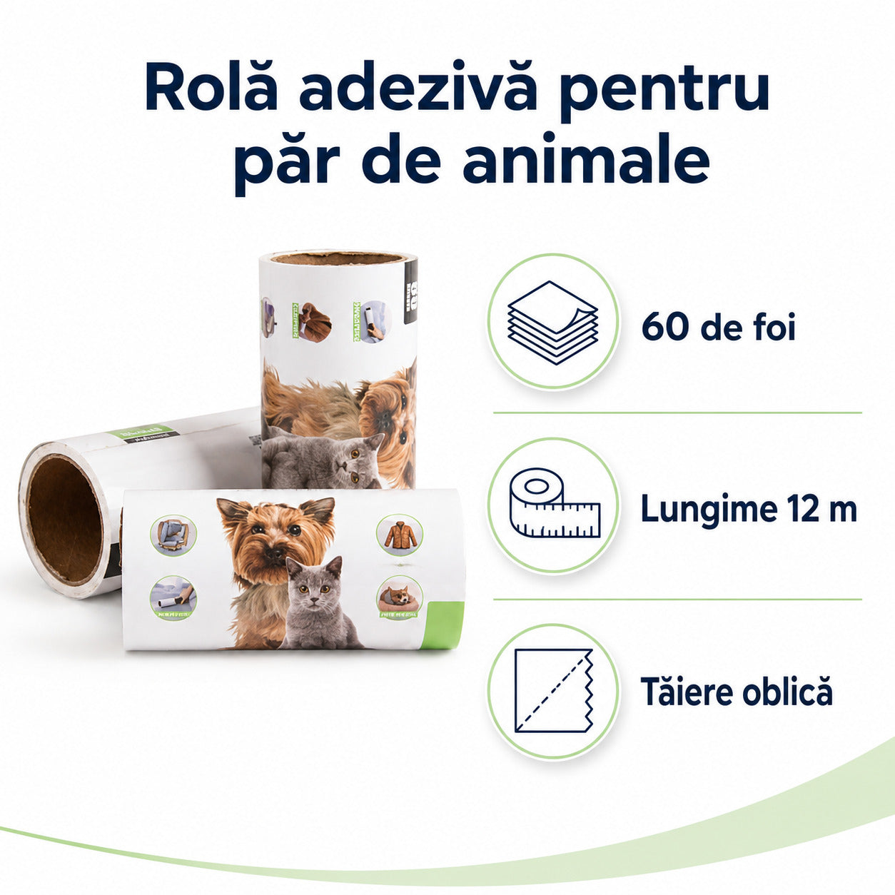 Rolă Adezivă pentru Păr de Animale, 60 Foi, 12 m, Tăiere Oblică – imagine 3