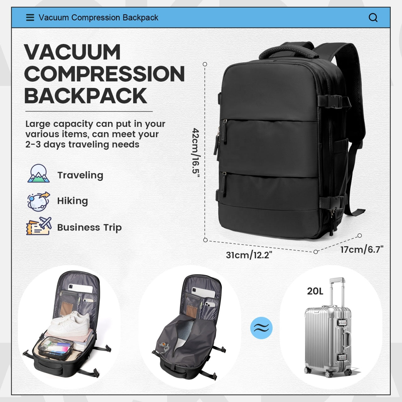 Rucsac pentru calatorii, impermeabil, unisex, cu vacuum, compartiment pentru leptop, incapator, negru
