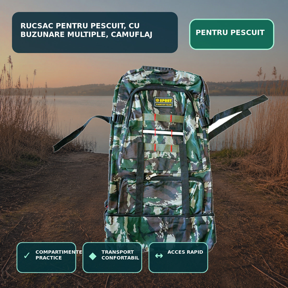Rucsac pentru Pescuit, cu Buzunare Multiple, Camuflaj – imagine principală