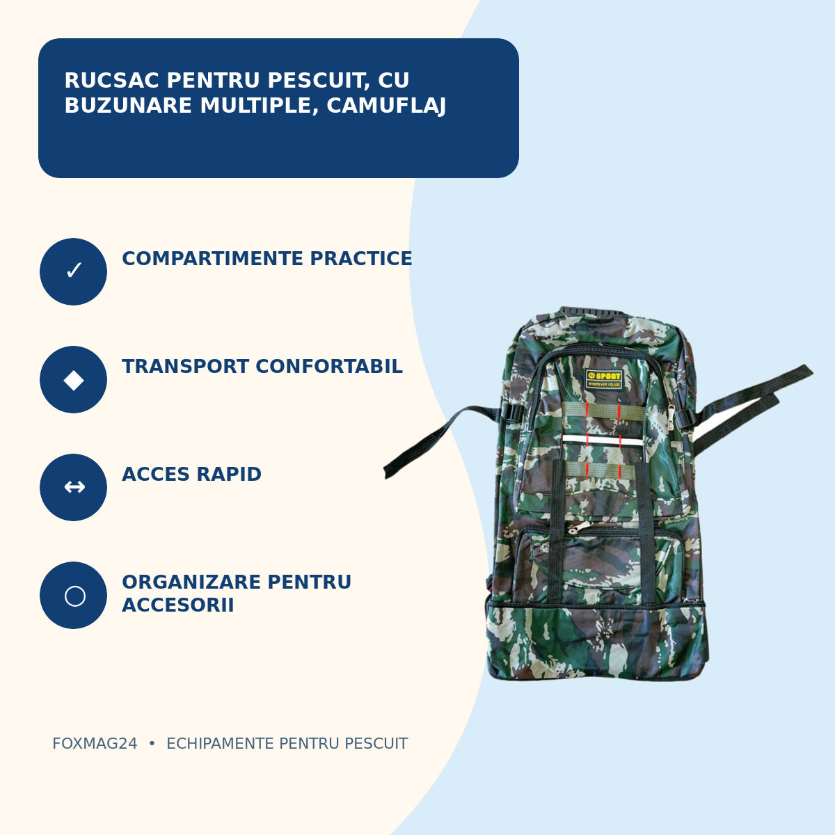 Rucsac pentru Pescuit, cu Buzunare Multiple, Camuflaj – caracteristici