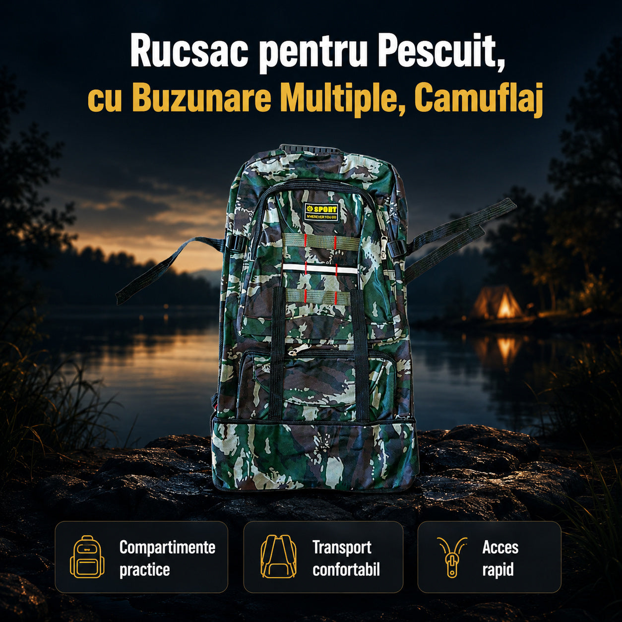 Rucsac pentru Pescuit, cu Buzunare Multiple, Camuflaj – imagine principală