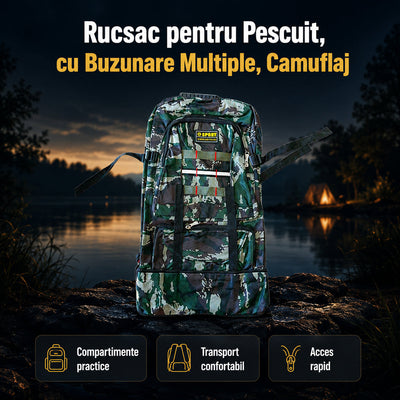 Rucsac pentru Pescuit, cu Buzunare Multiple, Camuflaj – imagine principală promoțională